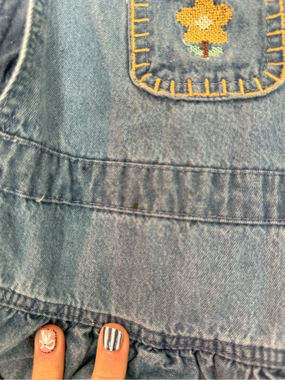 Vintage Light Blue Denim Ruffle Overall Dress with Tan Straps and Yellow Flower